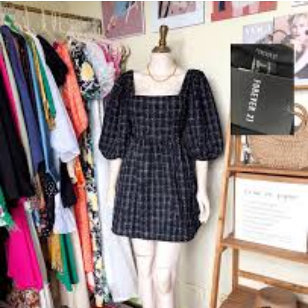 Black Plaid Puff Sleeve Dress